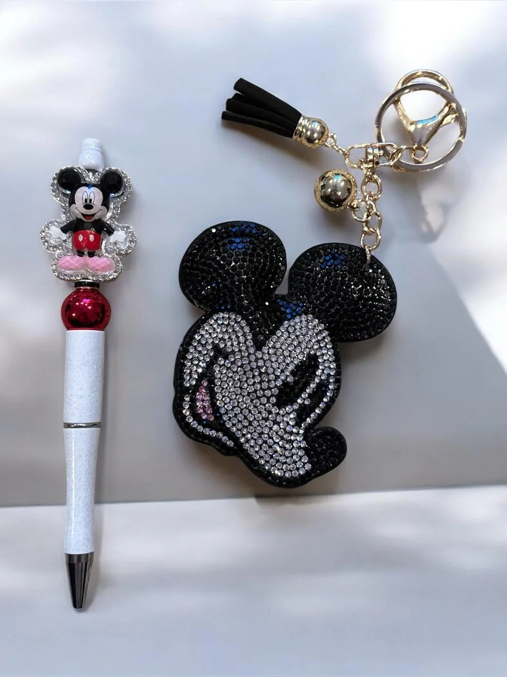 Adorable handmade Mickey beaded pen and Sparkle Mickey Black Crystal Keychain